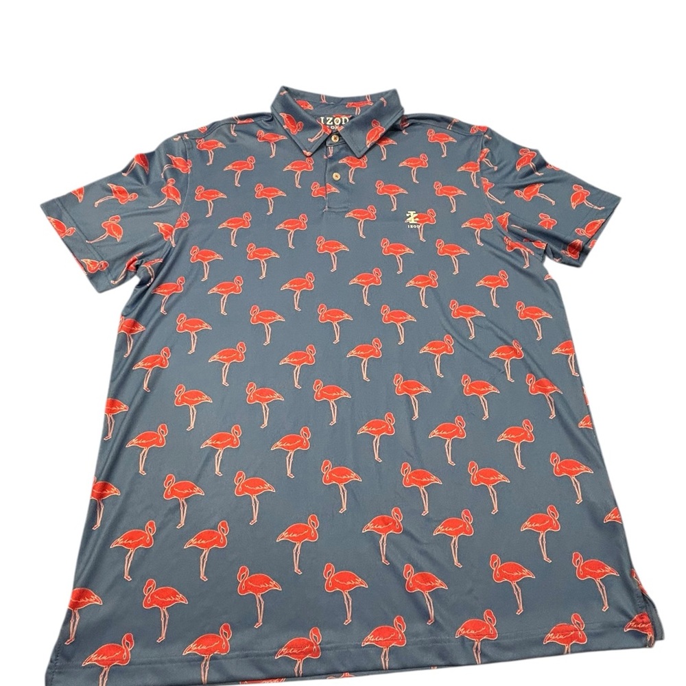 Izod Golf Men's Stretch‎ Polo with Blue w Red Flamingo Pattern Large